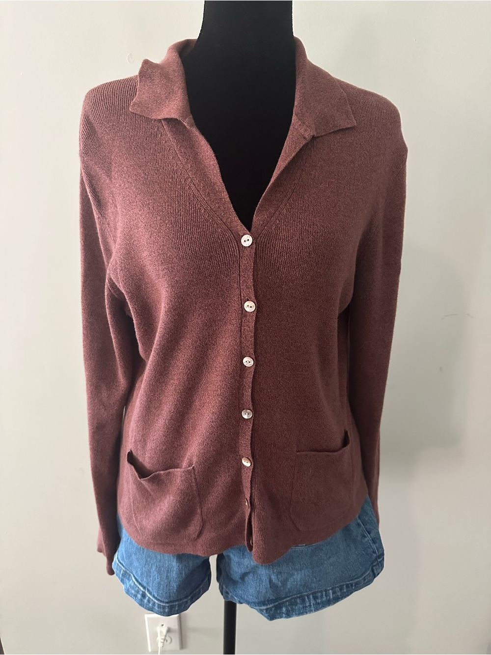 90’s Jones New York Women's Button-Front Collared Sweater Cardigan - Dusty Rose